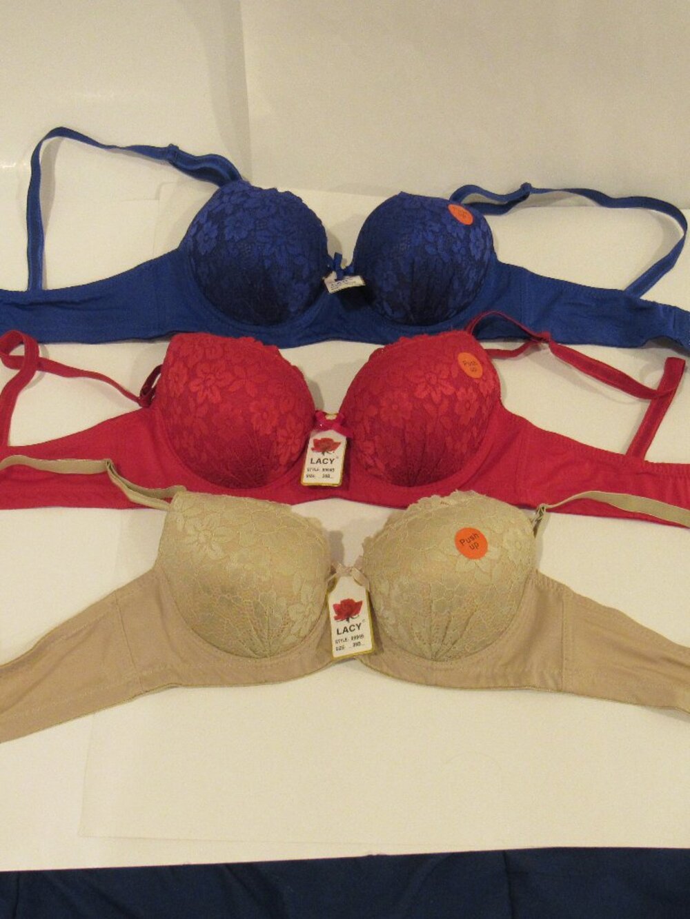 NEW: SET OF THREE PADDED, PUSH-UP  LACY BRAS - SIZE 36B